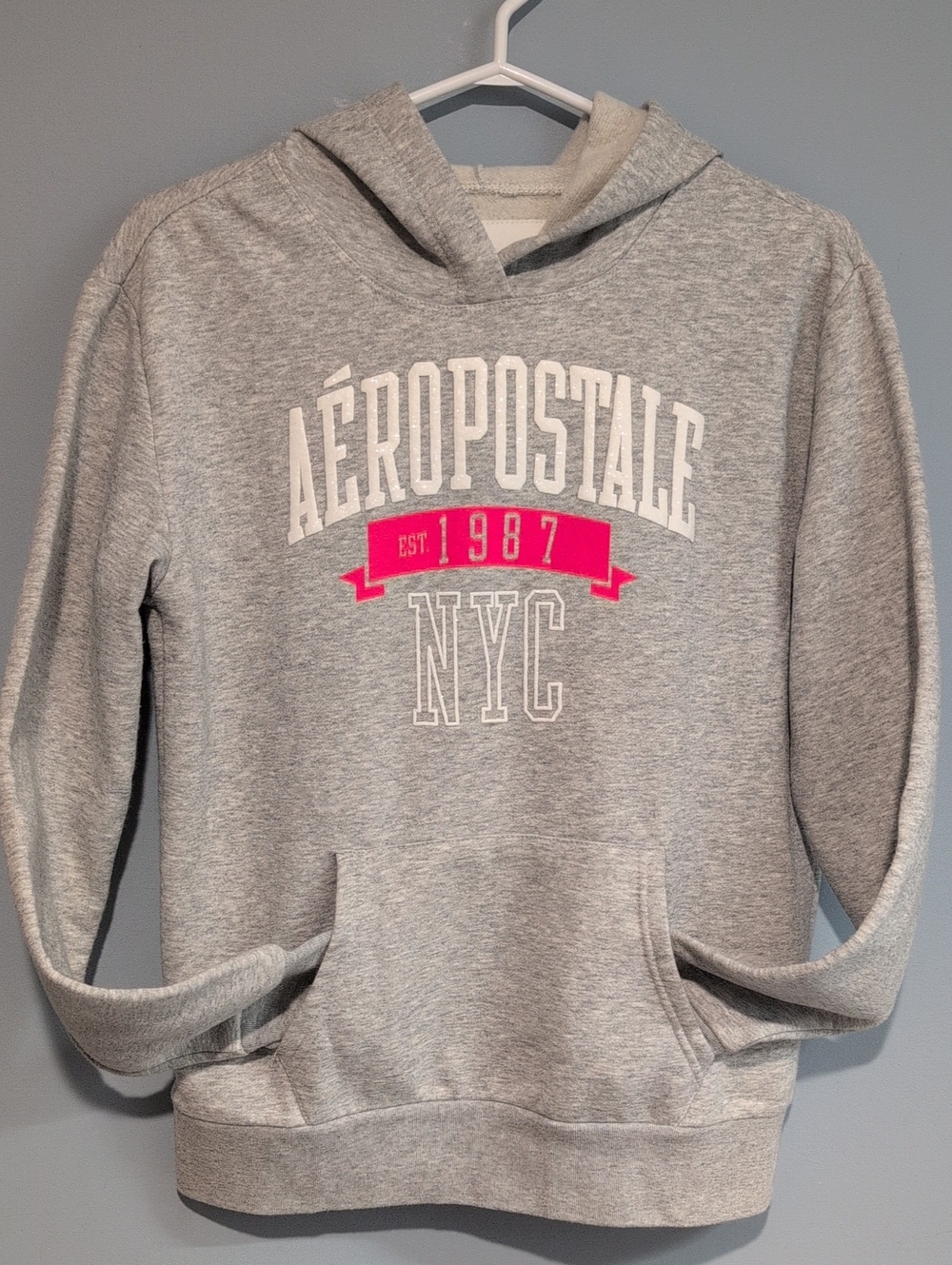 Aeropostale Women's Light Gray Hoodie with Pink Banner NYC Graphic Size Medium